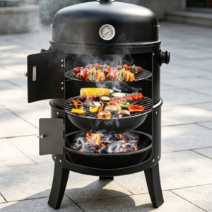 3-in-1 Vertical Charcoal Smoking Grill with Grilling Tray and Thermometer