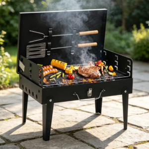 Foldable Smoking and BBQ Grill with Accessories and Lid, Height Adjustable