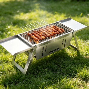 Mini Folding Stainless Steel BBQ Grill with Fireproof Mat and Heat-Resistant Gloves