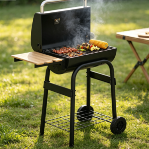 Portable Charcoal Grill with Folding Side Table and Wheels, Built-in Thermometer