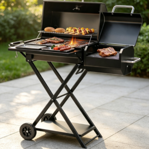 Suitcase-Style Folding BBQ Grill with Wheels and Multi-Layer Storage Rack, Includes Waterproof Cover