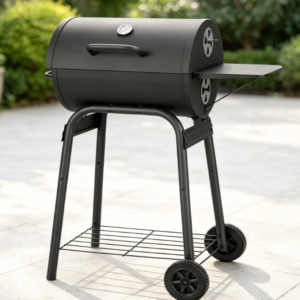 Barrel-Style Charcoal Grill with Side Rack, Suitable for Backyard and Patio Parties