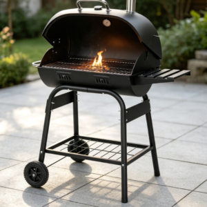 Classic Barrel-Style Charcoal Grill with Heating Rack and Double-Layer Preparation Stand