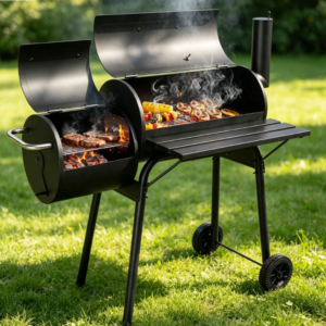 Large Barrel-Style Charcoal Grill with Side-Mounted Smoking Device and Wheels