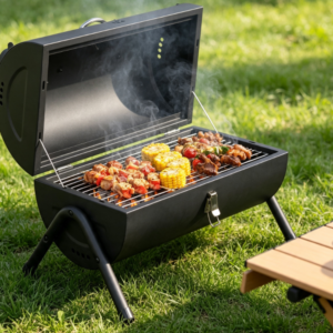 Desktop Multi-functional Charcoal Grill with Thermometer and Wooden Handles