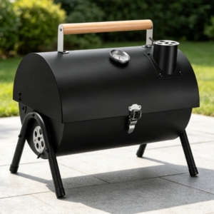 Portable Outdoor Charcoal Grill with Preparation Stand, Thermometer, and Chimney
