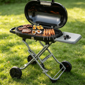 Portable Propane Gas Grill with Side Table, Wheels, and Oil Drain Tray