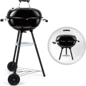Round Smoking and BBQ Grill with Wheels and Enamel Lid, Suitable for Multiple Outdoor Scenarios