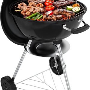 Round Charcoal Grill with Wheels and Lid, Suitable for Patios and Beaches (approx. 45.7 cm)