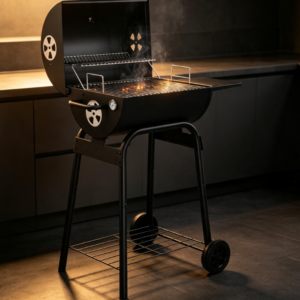Outdoor Bucket-Style Charcoal Grill with Thermometer, Side Table, and Wheels