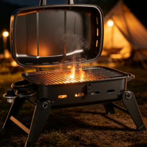 Portable Propane Gas Grill, Compact Desktop Model with Folding Legs
