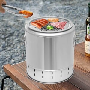 Portable Smokeless Charcoal Barrel BBQ Grill with Stainless Steel Surround Skewers
