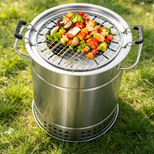 Portable Bucket-Style Charcoal Grill, Large Capacity Skewers Set, Includes Accessories